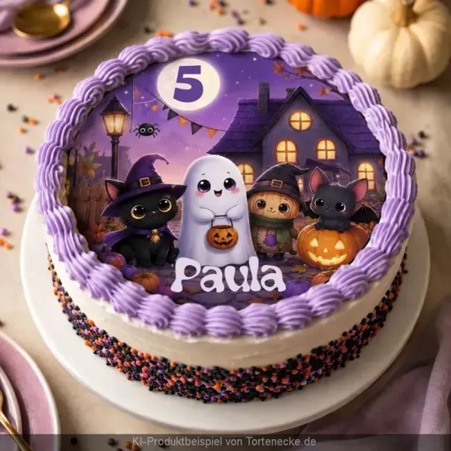 Bunte Halloween Kindertorte als Cremetorte dekoriert mit lila Tupfen und rundem Foto Zuckerbild